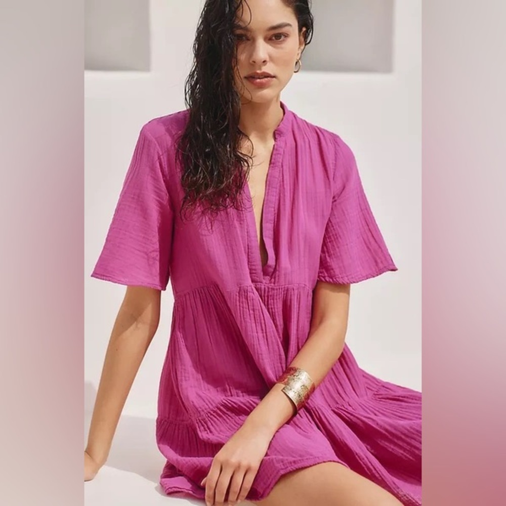 Anthropologie Kallie Cotton Gauzy Mini Dress Fuschia